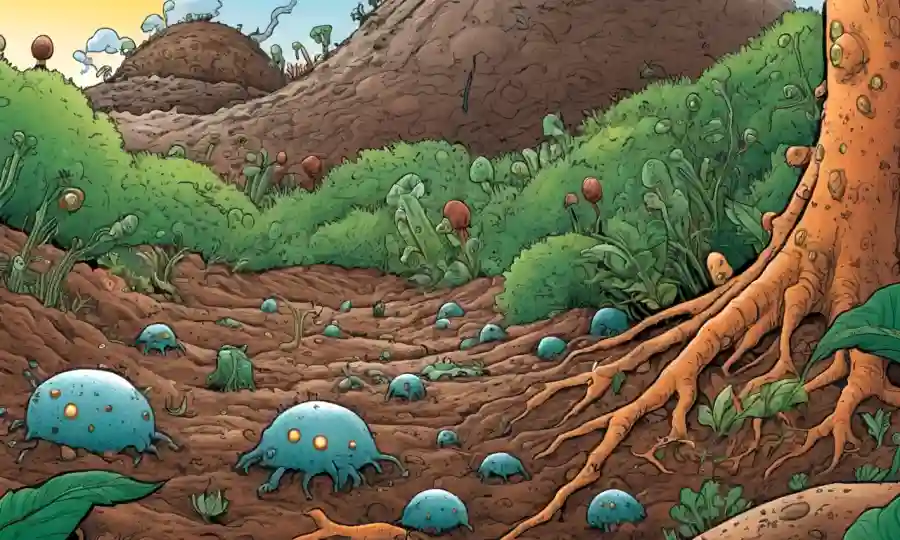 Microorganismos formando relaciones simbióticas en suelo, entre ilustraciones de estresantes ambientales.