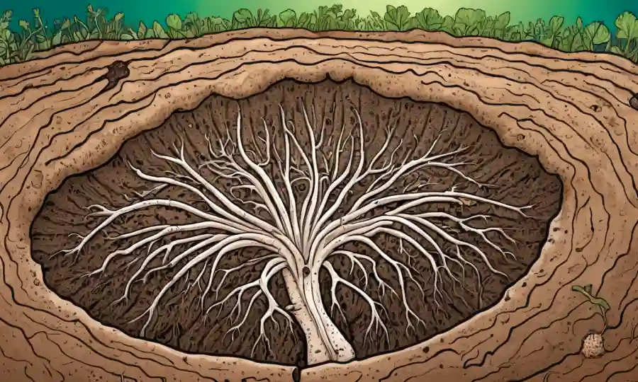 Ilustración de hongos micorrizales en suelo con conceptos de absorción de nutrientes y contexto ecosistémico.