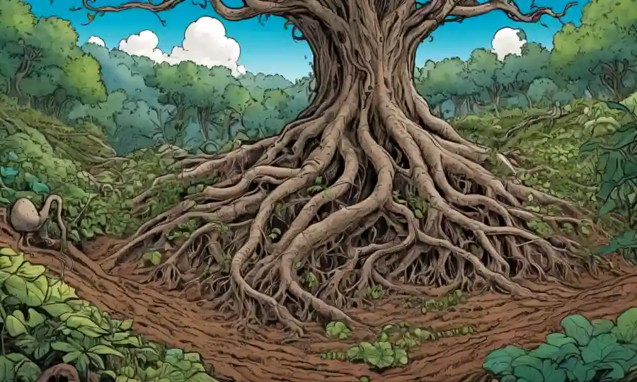 Roots of plants intertwining in a rich soil ecosystem with fungi.