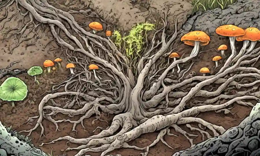 Botas de plantas rodeadas de hongos microscópicos en un suelo degradado con crecimiento alrededor.