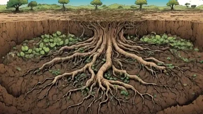 Botas de plantas que forman relaciones simbióticas en suelo degradado.
