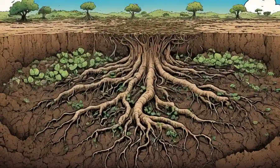 Botas de plantas que forman relaciones simbióticas en suelo degradado.
