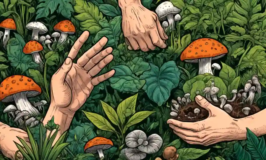 Las manos de los agricultores rodeadas de plantas exuberantes con ilustraciones de hongos.