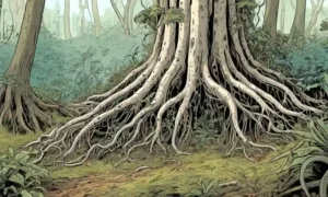 Ilustración de hifas fúngicas que rodean las raíces vegetales en un entorno natural.