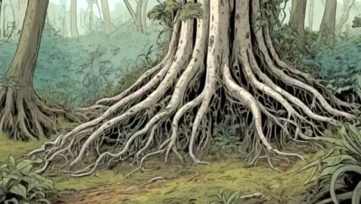 Ilustración de hifas fúngicas que rodean las raíces vegetales en un entorno natural.