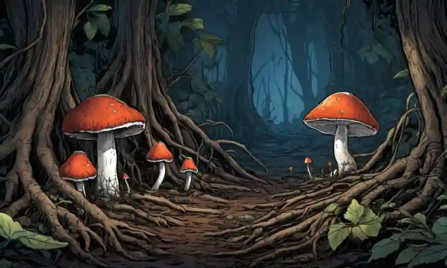hongos como hongos creciendo cerca de las raíces vegetales, destacando su relación simbiótica.