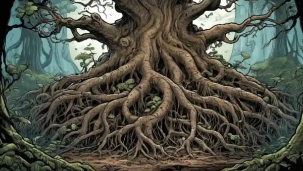 Las raíces del árbol enlazadas con hongos
