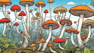 Ilustraciones de esfuerzos de crecimiento y conservación de hongos junto a gráficos y diagramas.