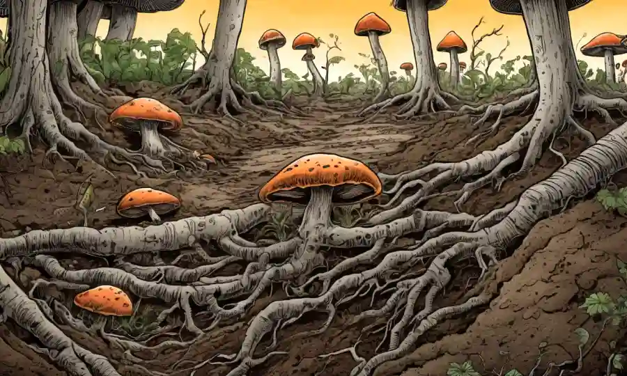 Una solución basada en hongos ilustrada con raíces y árboles creciendo en suelo contaminado.