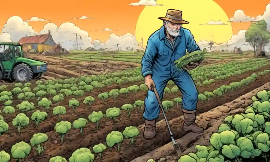 Farmer inspecting healthy crops growing among hongi in a contaminated soil cleanup context.