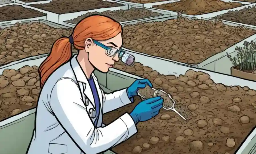 Científico examinando muestras de suelo con redes microbianas creciendo.