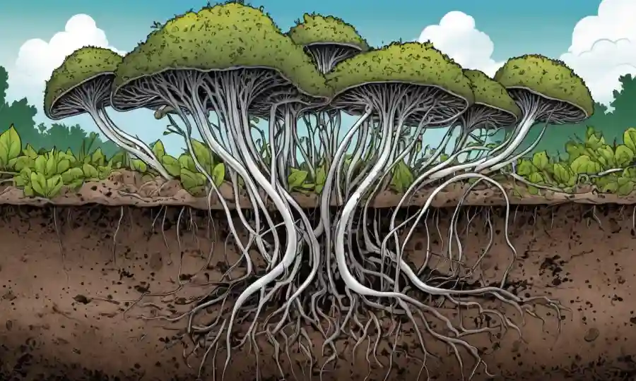 Ilustración de hongos micorrizales creciendo en suelo con fondo contaminado, rodeado de vegetación.