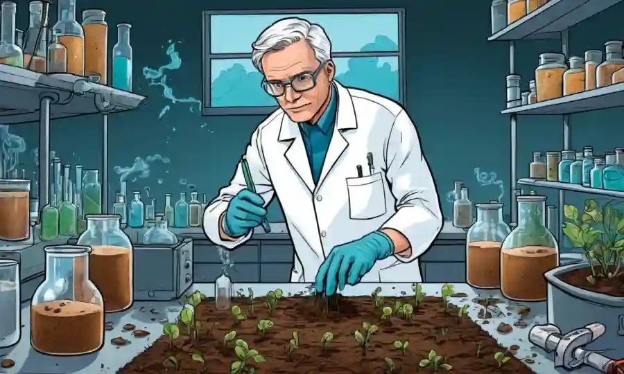 Científico en un laboratorio que estudia el crecimiento de hongos en suelo contaminado.