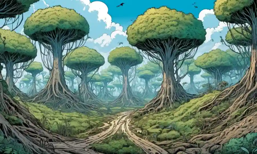 Un paisaje futurista con redes micorrizales que conectan árboles y plantas.