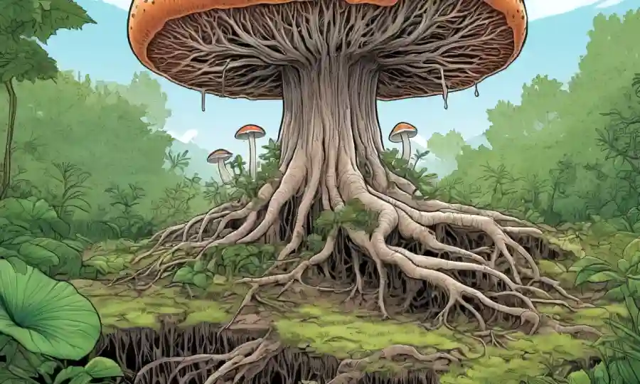 Ilustración de hongos que conectan raíces vegetales, rodeados de vegetación y elementos sostenibles.