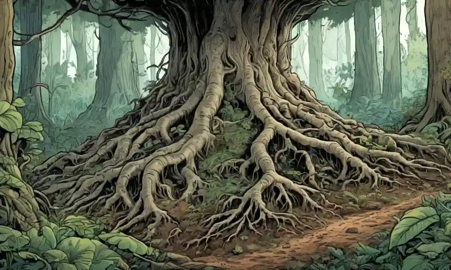 Fungi formando relaciones simbióticas entre raíces de árboles en un bosque exuberante.