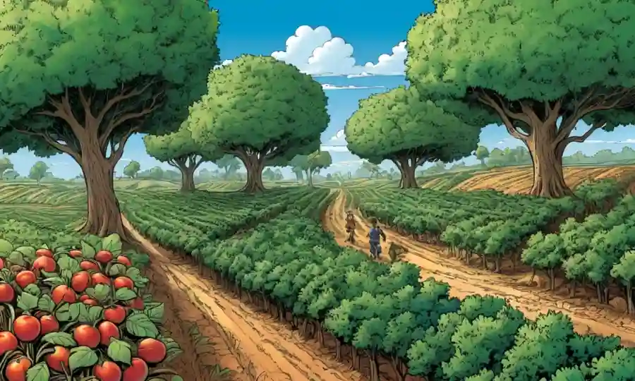 Las redes Myko-hyphal ilustraron en medio de paisajes y árboles agrícolas sostenibles.