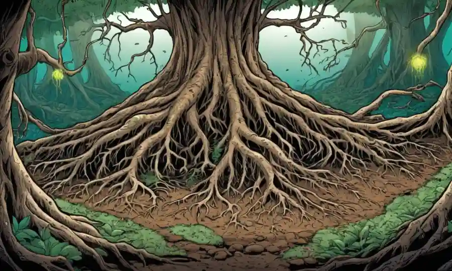 Ilustración de raíces de árboles que se extienden bajo tierra