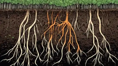 Ilustración de hongos micorrizales que conectan raíces vegetales con nutrientes del suelo en un contexto agrícola.