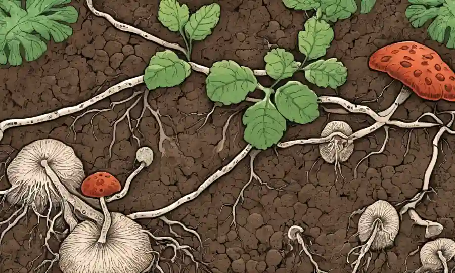 Conexiones de hongos entre raíces vegetales en suelo con microscopio o ilustraciones científicas.