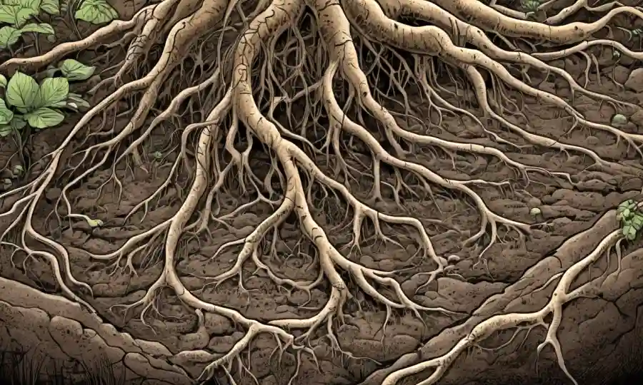 Ilustración de redes fúngicas bajo la superficie del suelo con raíces vegetales entrelazadas.