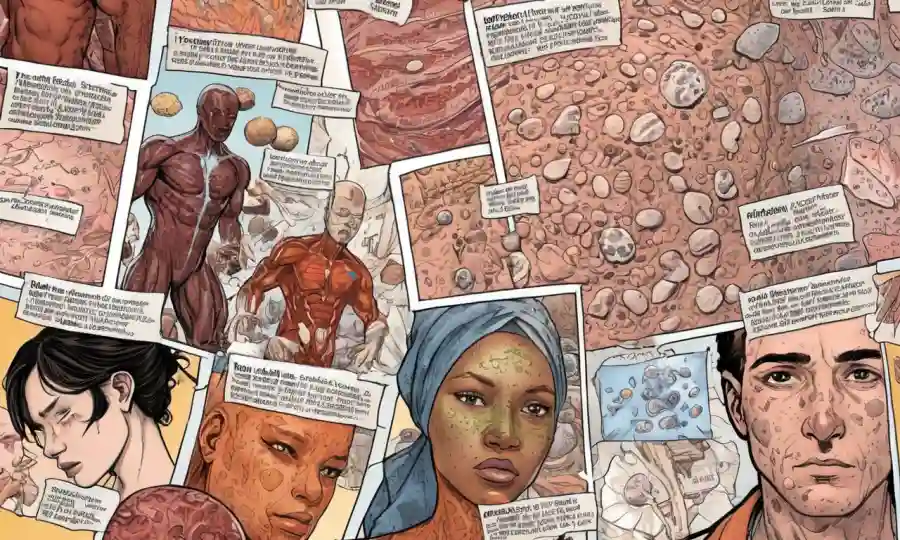 Una ilustración de diferentes tipos de condiciones de piel con etiquetas y relés de texto médico.