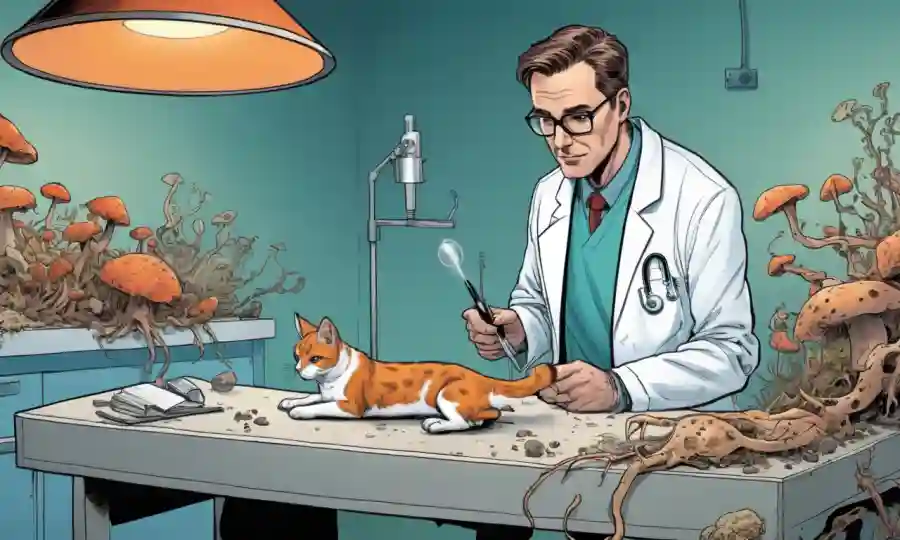 Veterinaria examinando a una mascota en una mesa de examen entre ilustraciones de hongos.