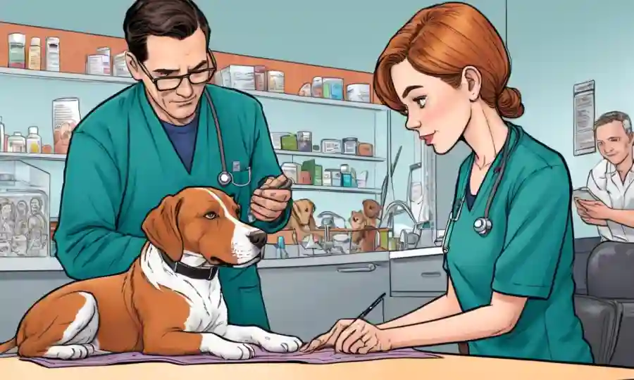 Propietarios de mascotas que examinan las condiciones de la piel con un veterinario en el fondo.