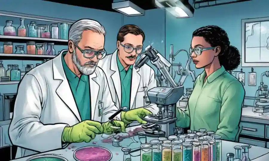 Investigadores científicos que estudian microorganismos bajo equipos de laboratorio, destacando las infecciones fúngicas emergentes.