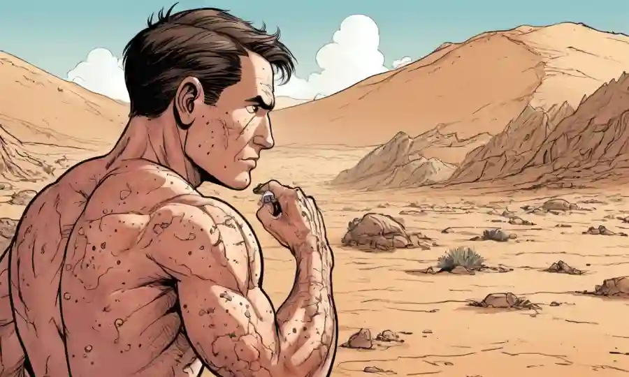 Persona que examina lesiones cutáneas en un fondo seco y áspero en medio de terrenos similares al desierto.