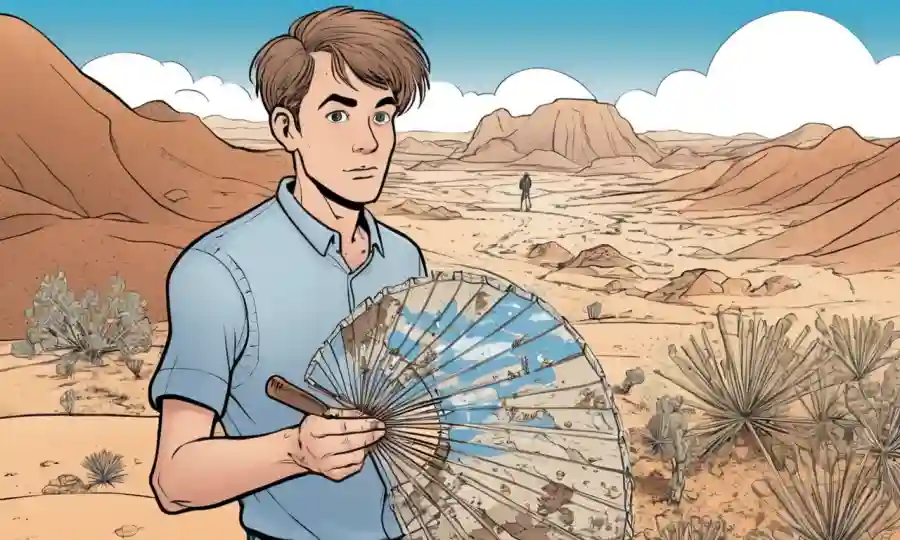 Una persona que sostiene un abanico, rodeado de paisaje árido del desierto con diagramas de crecimiento fúngico.