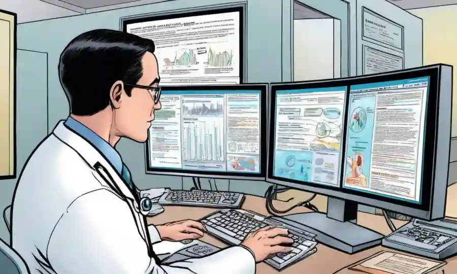 Un profesional de la salud revisa los datos de investigación médica en una pantalla de computadora, con gráficos relacionados y texto.