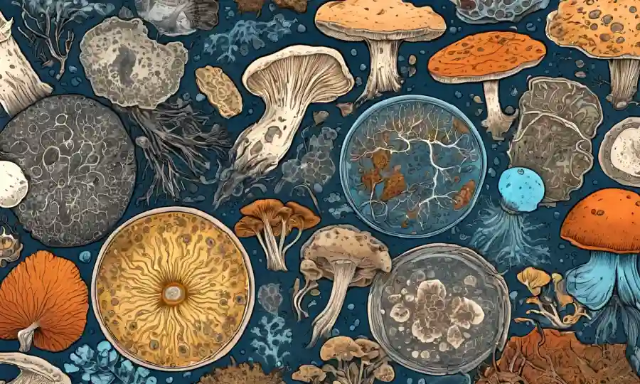 Diversos tipos de hongos que rodean un microscopio o plato Petri con infecciones raras de hongos.