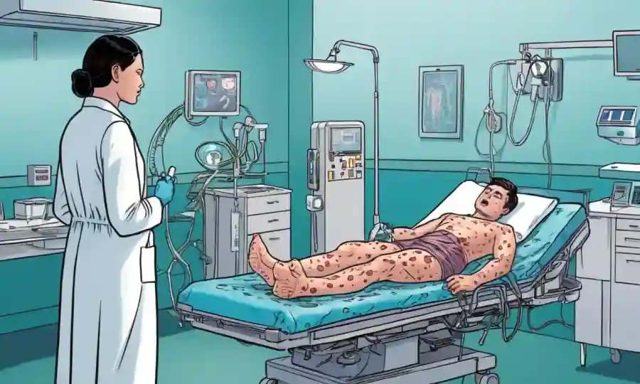 Person undergoing medical treatment for fungal infection with hospital equipment surrounding them.