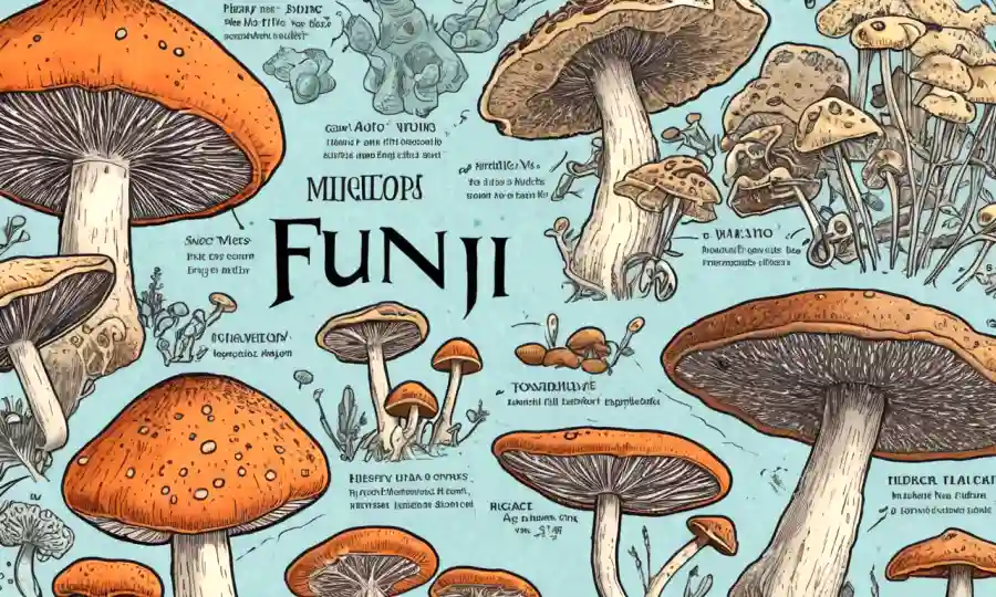 Una imagen microscópica de hongos junto con elementos de texto descriptivos.