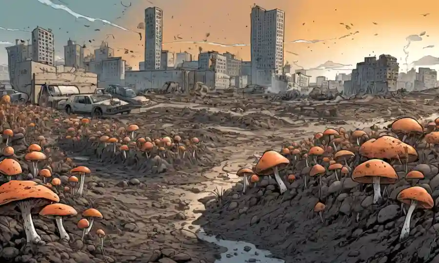 Un hongo creciendo en suelo contaminado bajo un paisaje urbano contaminado.