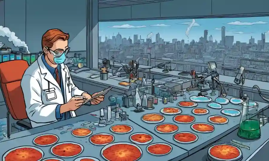 Científicos que estudian muestras de hongos en platos petri mientras vigilan los niveles de contaminación atmosférica.