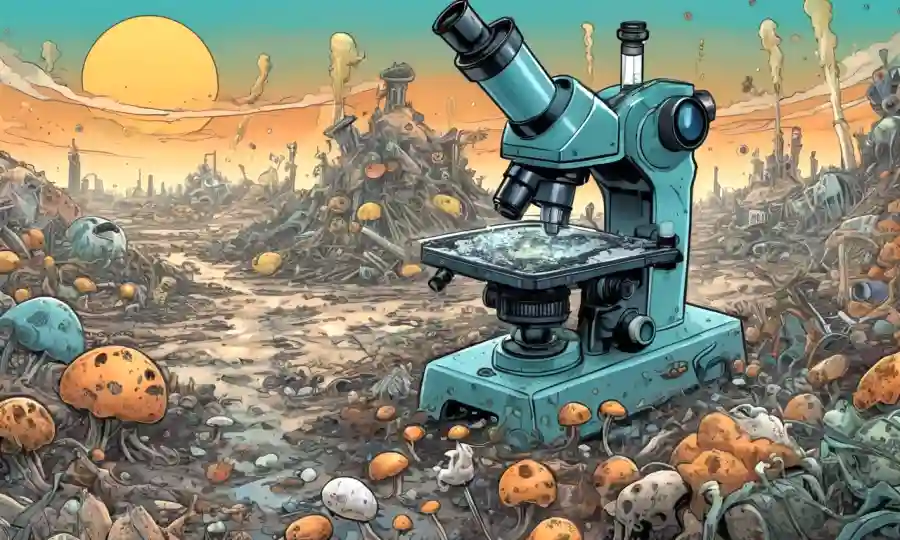 Un microscopio revelando crecimiento fúngico en medio de la basura y la contaminación en una superficie planetaria contaminada.