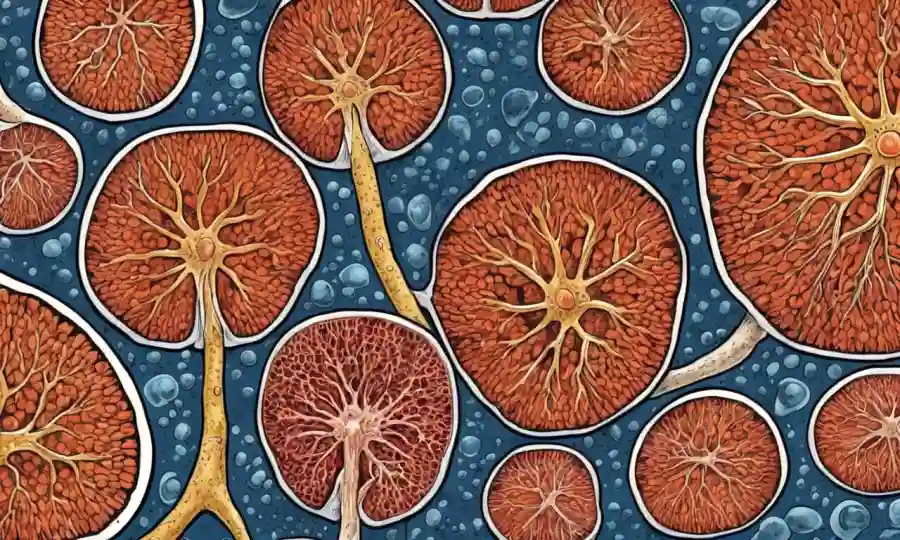 Una vista microscópica de hongos interactuando con las células pulmonares humanas.