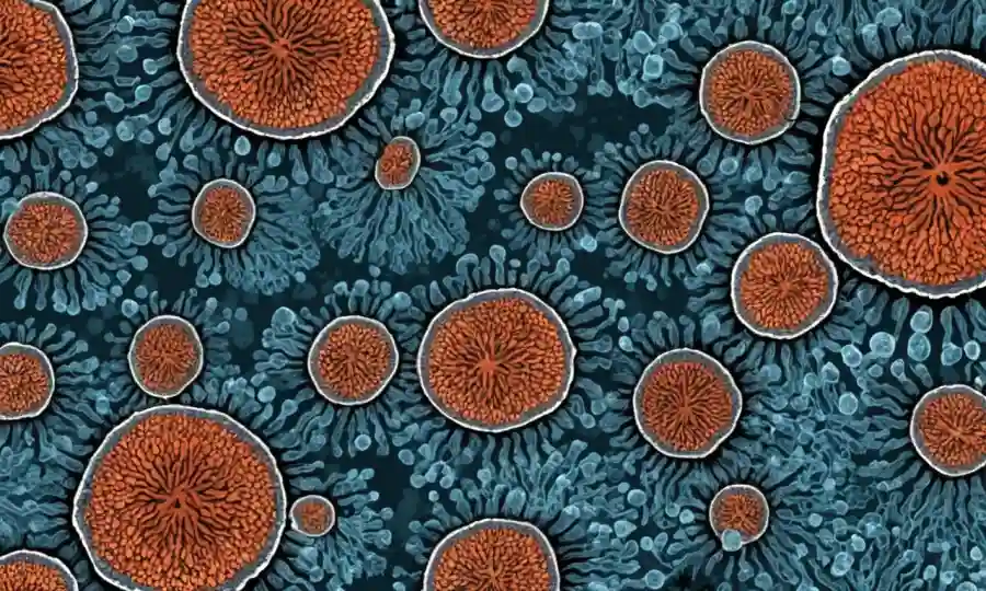 Una imagen microscópica de esporas fúngicas con gráficos superpuestos que ilustran su impacto respiratorio.
