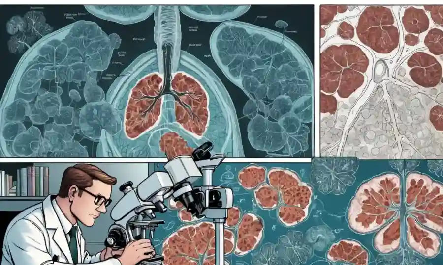 Investigadores que examinan células fúngicas bajo microscopios cerca de diagramas de pulmones.
