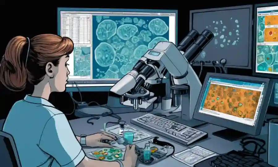 Una persona sentada en un microscopio con muestras de hongos y estadísticas de salud mostradas en una pantalla de computadora.