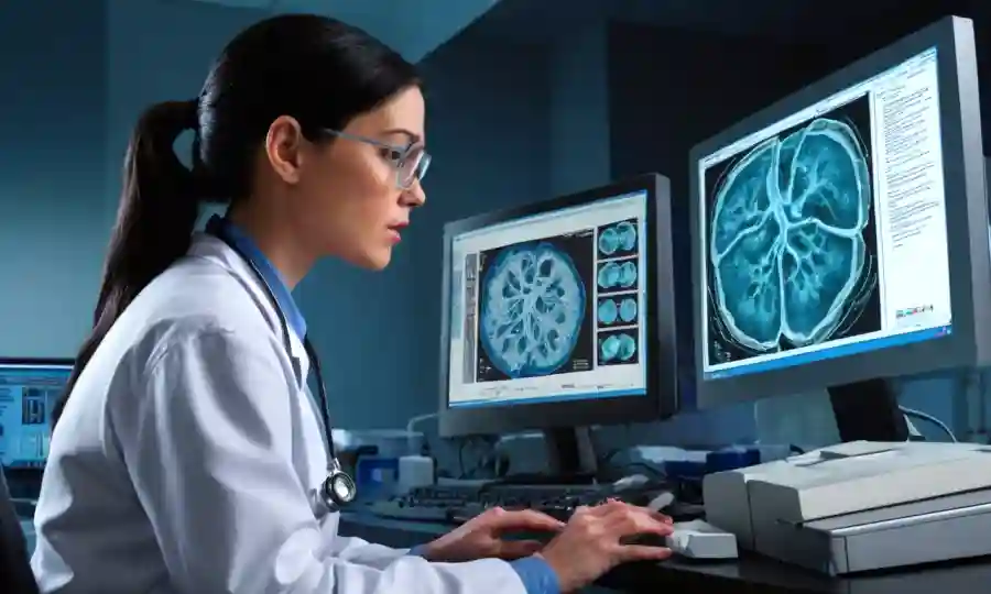 Un profesional médico analizando datos de infección fúngica en una pantalla de computadora.