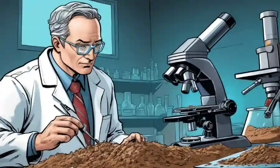 Científico que estudia muestras de suelo bajo microscopio en el entorno de laboratorio.