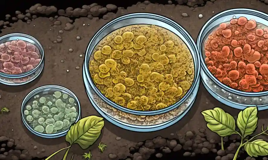 Microorganismos culturas en platos petri y muestras de biomasa fúngica en suelos.