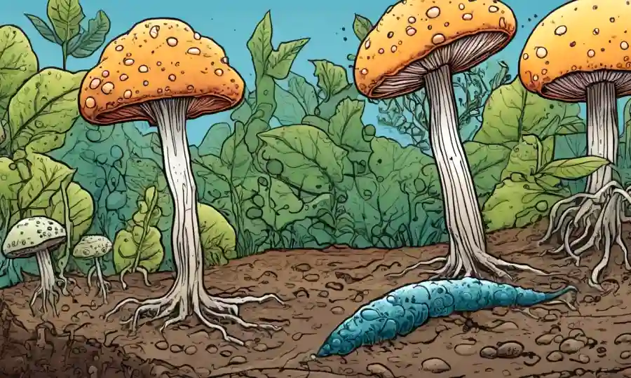Microorganismos que prosperan en investigación de microbiología del suelo con gráficos e ilustraciones de hongos.