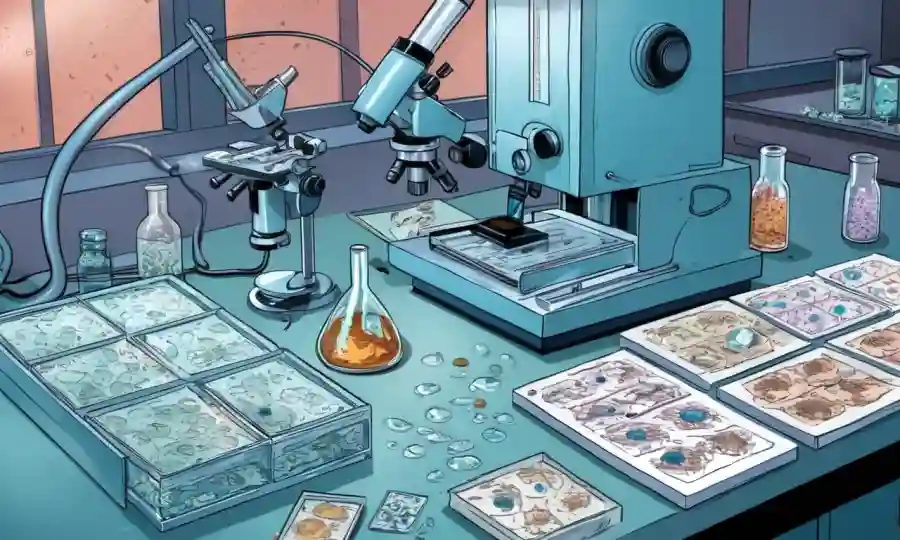 Equipo científico y diapositivas microscopio en un laboratorio con muestras microbiológicas.