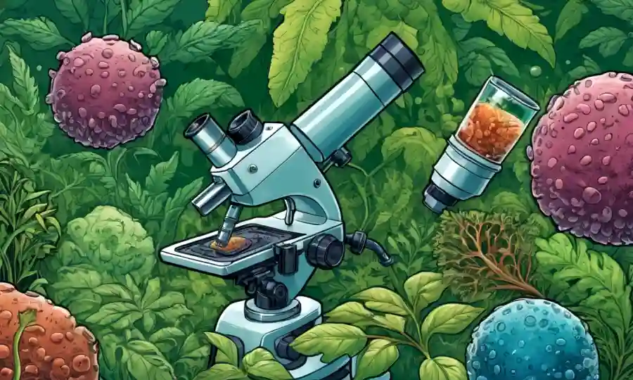 Imagen microscopio con múltiples estructuras microbianas magnificadas rodeadas de vegetación.