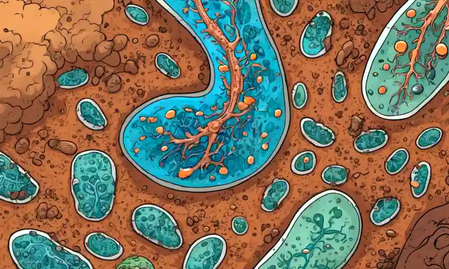 Una vista microscópica de microbios que descomponen materia orgánica en suelo o agua.