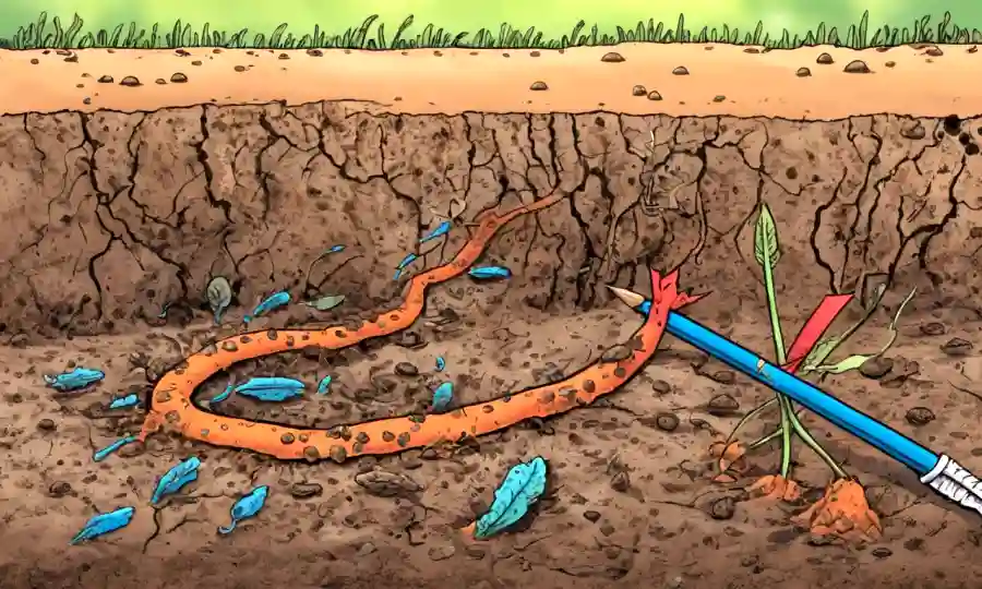 Ilustración de microbios derribando materia orgánica en suelo con flechas indicando descomposición.